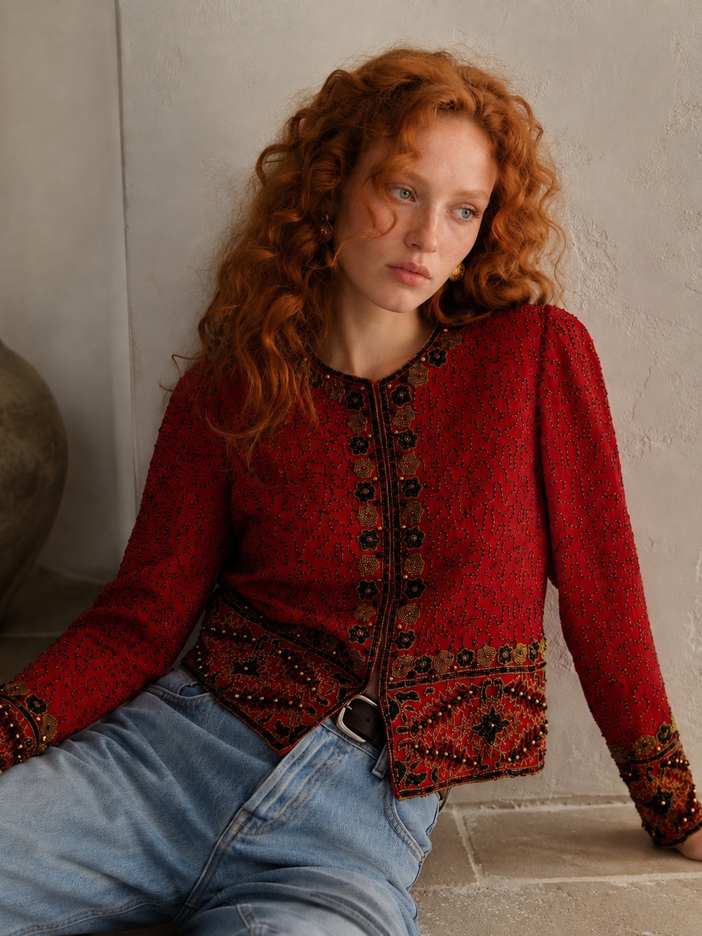 Laurence Kazar Vintage 80s Red 100% Silk Beaded Cardigan Jacket Size PS Holiday